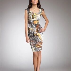 Black Halo Yellow and Brown Sheath Midi Dress Scoop Neck